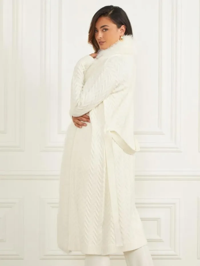 Women GUESS Jackets and Coats Paula FauxFur Long Cardigan Sweater Pale Pearl Women GUESS Jackets and Coats Paula FauxFur Long Cardigan Sweater Pale Pearl