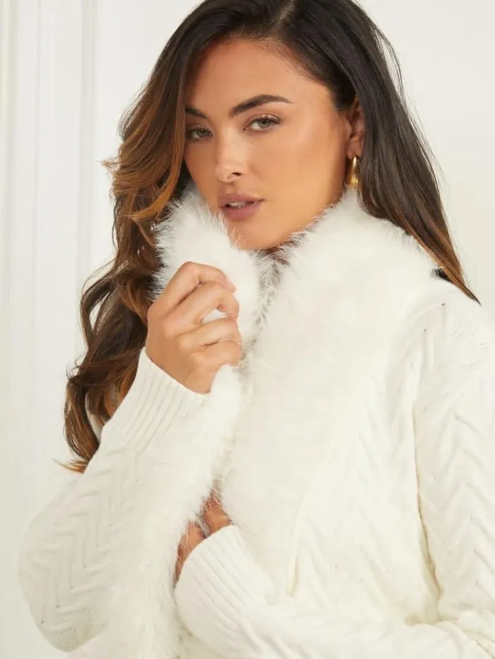 Women GUESS Jackets and Coats Paula FauxFur Long Cardigan Sweater Pale Pearl Women GUESS Jackets and Coats Paula FauxFur Long Cardigan Sweater Pale Pearl
