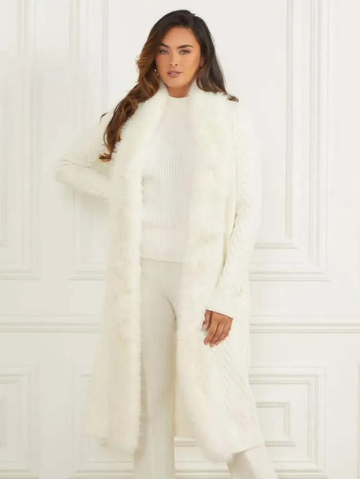 Women GUESS Jackets and Coats Paula FauxFur Long Cardigan Sweater Pale Pearl Women GUESS Jackets and Coats Paula FauxFur Long Cardigan Sweater Pale Pearl