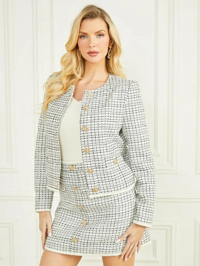 Women GUESS Jackets and Coats Provence Tweed Blazer White And Black Tweed