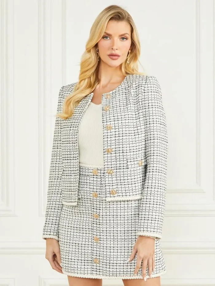 Women GUESS Jackets and Coats Provence Tweed Blazer White And Black Tweed