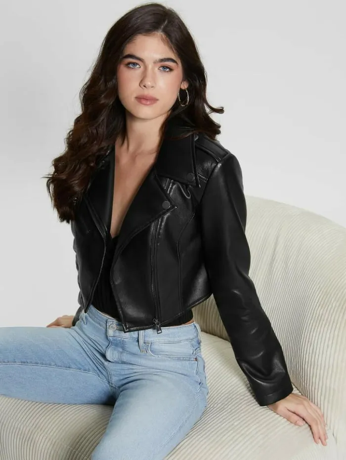 Women GUESS Jackets and Coats Rochelle FauxLeather Moto Jacket Black