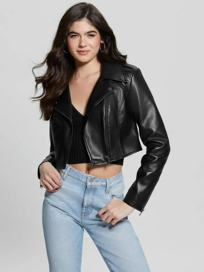 Women GUESS Jackets and Coats Rochelle FauxLeather Moto Jacket Black