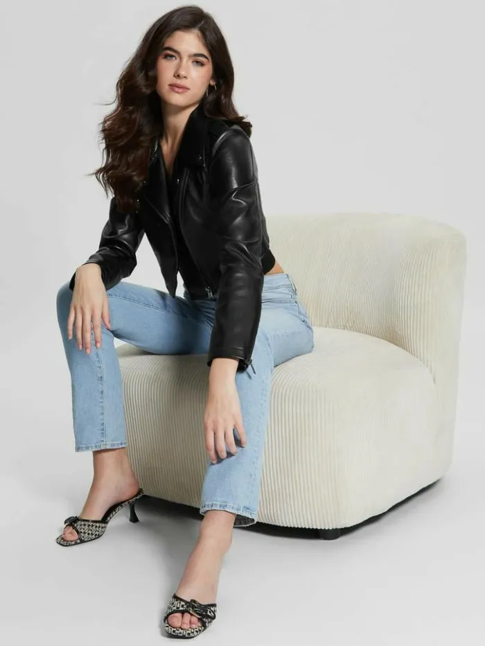 Women GUESS Jackets and Coats Rochelle FauxLeather Moto Jacket Black