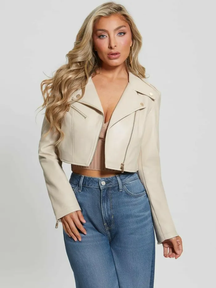 Women GUESS Jackets and Coats Rochelle FauxLeather Moto Jacket Pearl Oyster