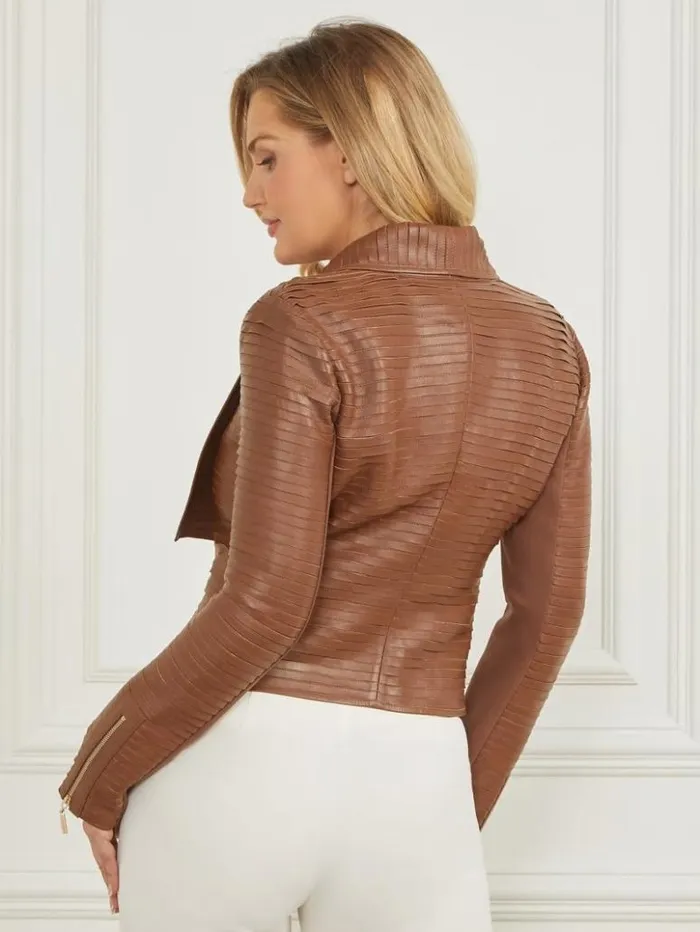 Women GUESS Jackets and Coats Shayna Drape Leather Jacket Brown Beauty
