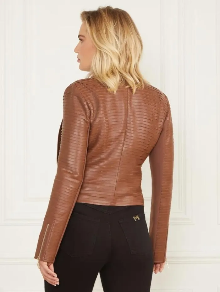 Women GUESS Jackets and Coats Shayna Drape Leather Jacket Brown Beauty