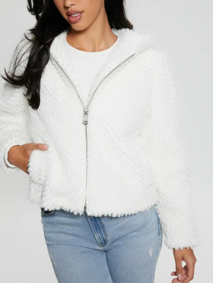 Women GUESS Jackets and Coats Theoline FauxFur Hooded Jacket Cream White