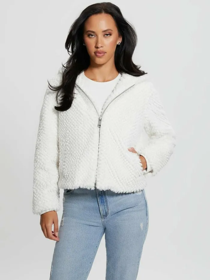 Women GUESS Jackets and Coats Theoline FauxFur Hooded Jacket Cream White