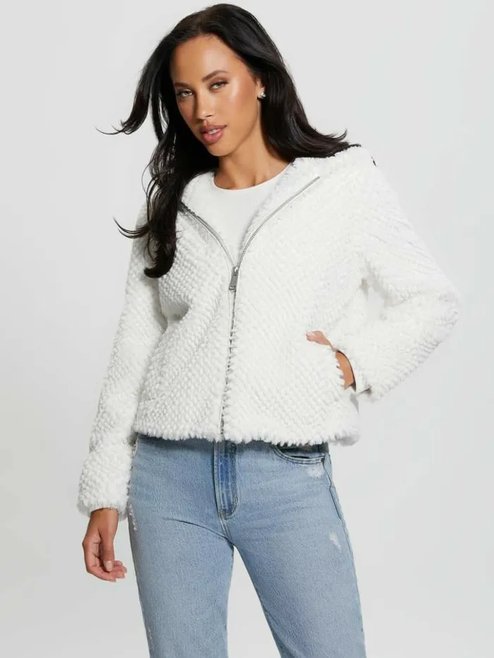 Women GUESS Jackets and Coats Theoline FauxFur Hooded Jacket Cream White