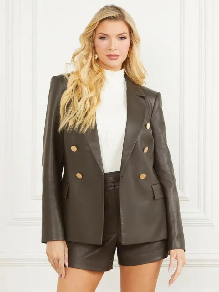 Women GUESS Jackets and Coats Vixen FauxLeather Blazer 344 Olive Branch