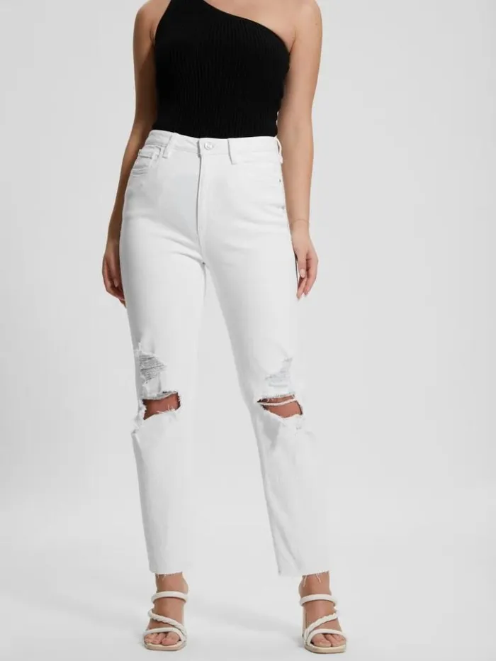 Women GUESS Jeans and Denim Destroyed Mom Jeans Pure White Multi