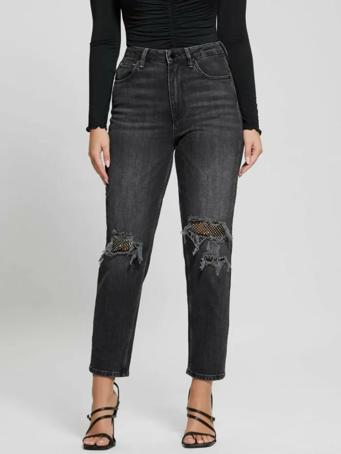 Women GUESS Jeans and Denim Eco Crystal RipandRepair Mom Jeans Authentic Net