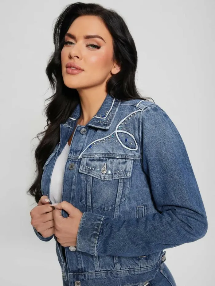 Women GUESS Jeans and Denim Eco Delya Denim Trucker Jacket Wild Heart