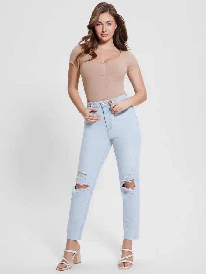Women GUESS Jeans and Denim Eco Destroyed Mom Jeans Brightstone Blue