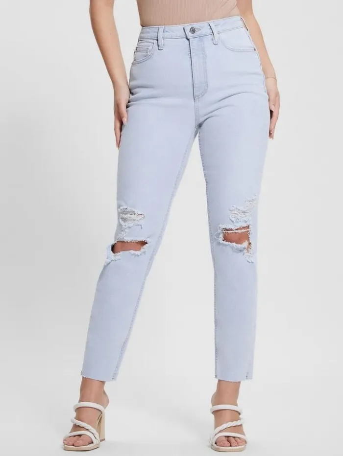 Women GUESS Jeans and Denim Eco Destroyed Mom Jeans Brightstone Blue