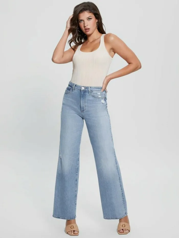 Women GUESS Jeans and Denim Eco Distressed HighRise Wide Leg Jeans Moonstone Blue Women GUESS Jeans and Denim Eco Distressed HighRise Wide Leg Jeans Moonstone Blue