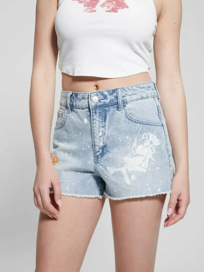 Women GUESS Jeans and Denim Graphic Splatter Denim Mom Shorts Artist Splash