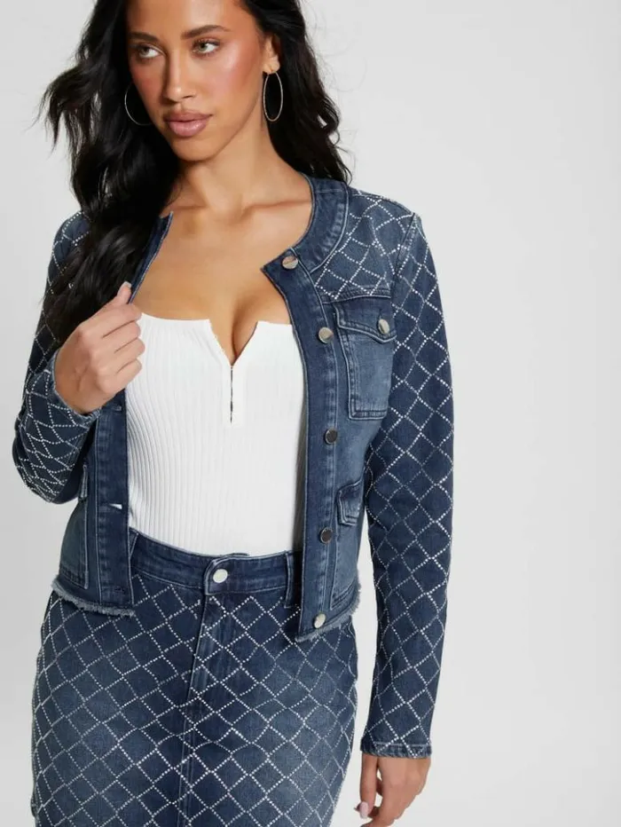 Women GUESS Jeans and Denim Larissa Diamond Denim Jacket Bling Ocean