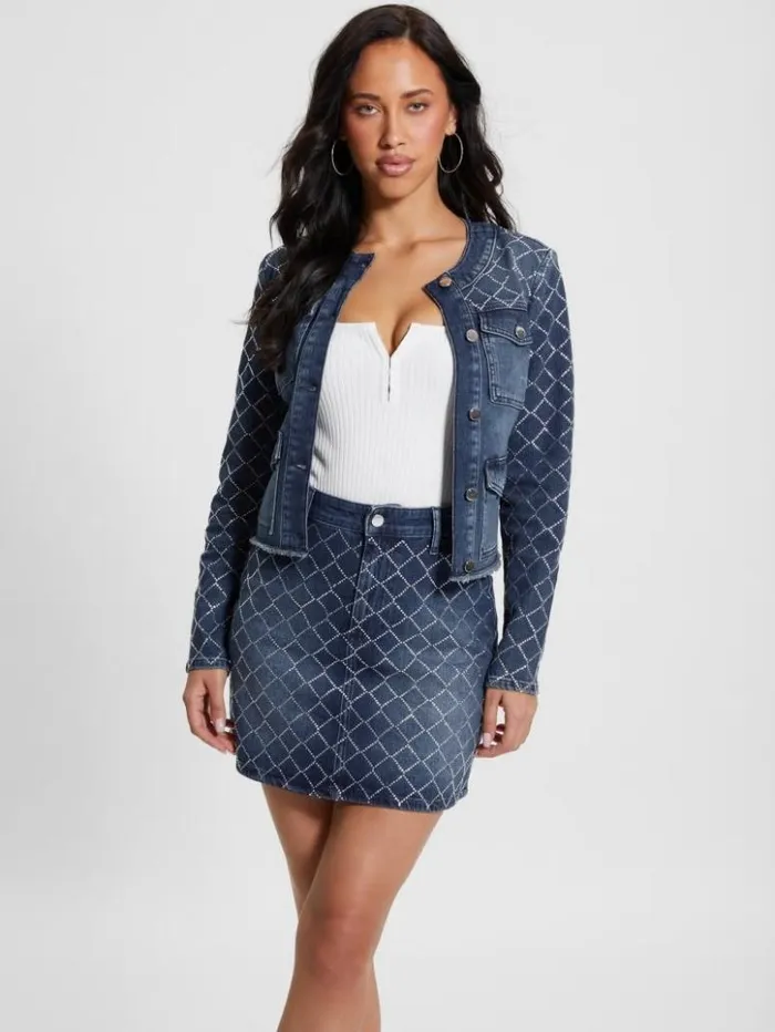 Women GUESS Jeans and Denim Larissa Diamond Denim Jacket Bling Ocean