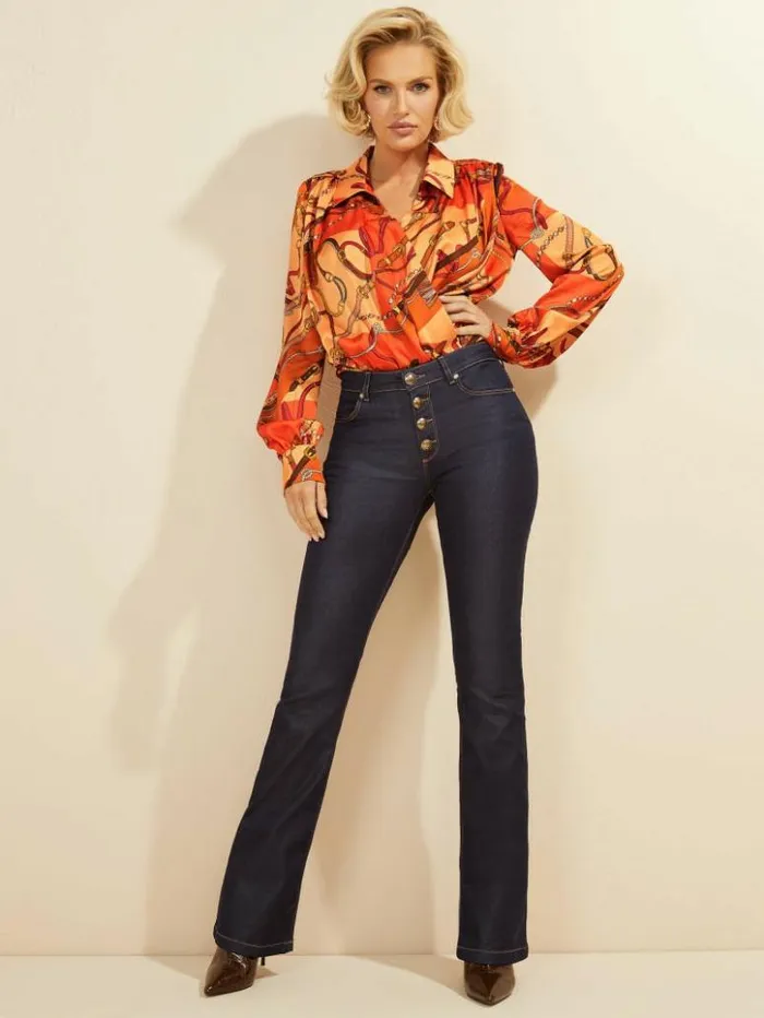 Women GUESS Jeans and Denim Mini Flare Denim Pant Blue Rinse Wash