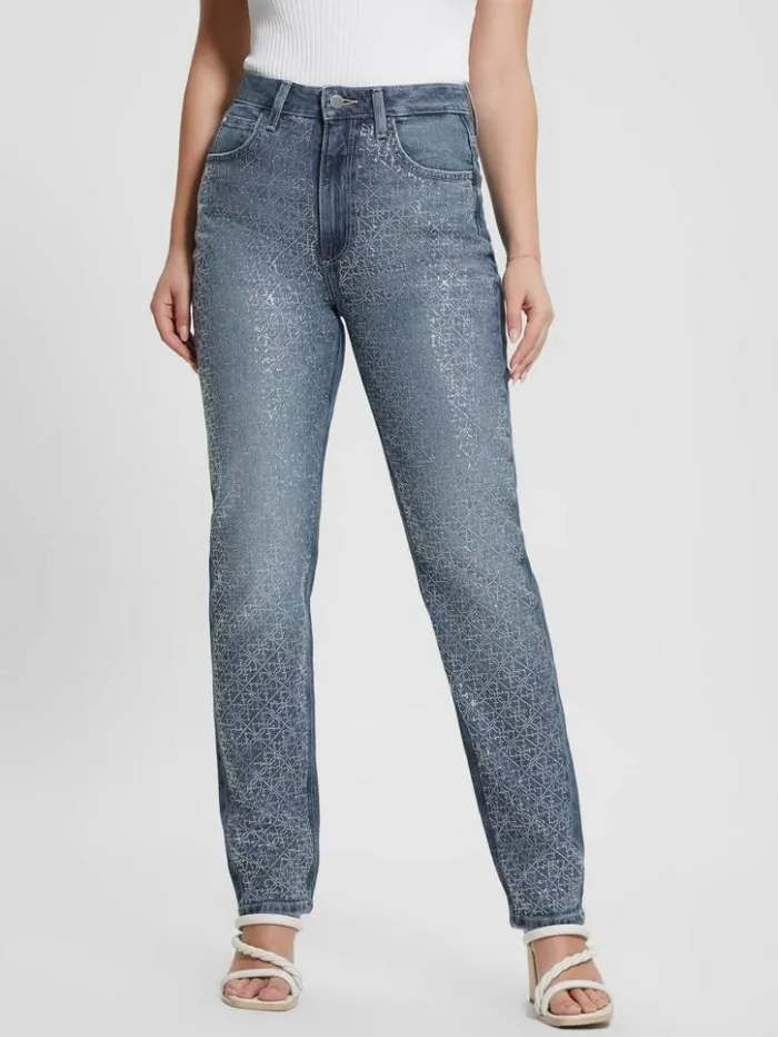 Women GUESS Jeans and Denim Rhinestone Quattro G Mom Jeans The Journey