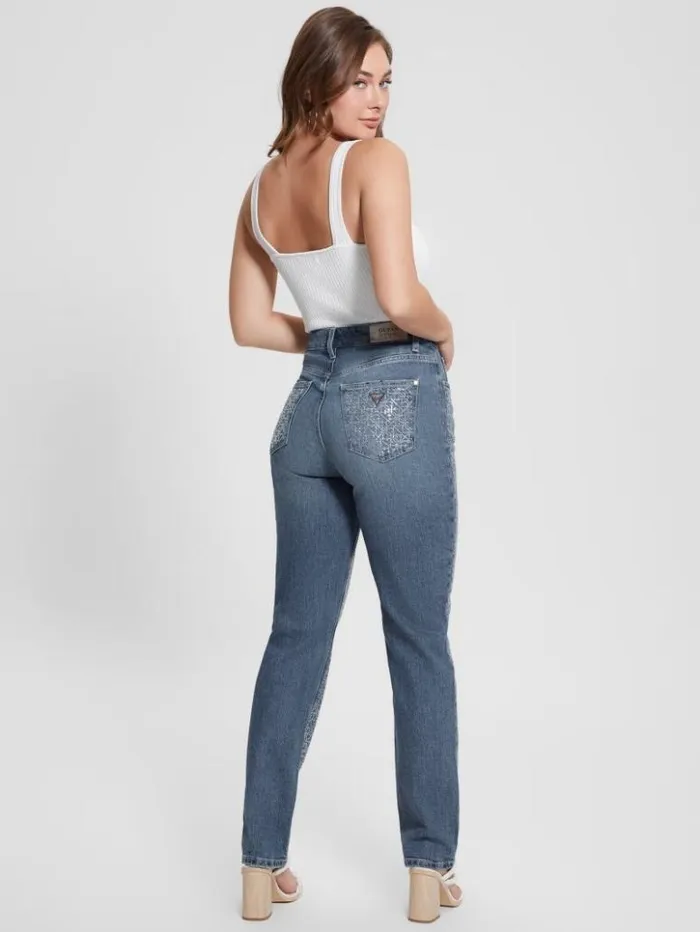Women GUESS Jeans and Denim Rhinestone Quattro G Mom Jeans The Journey