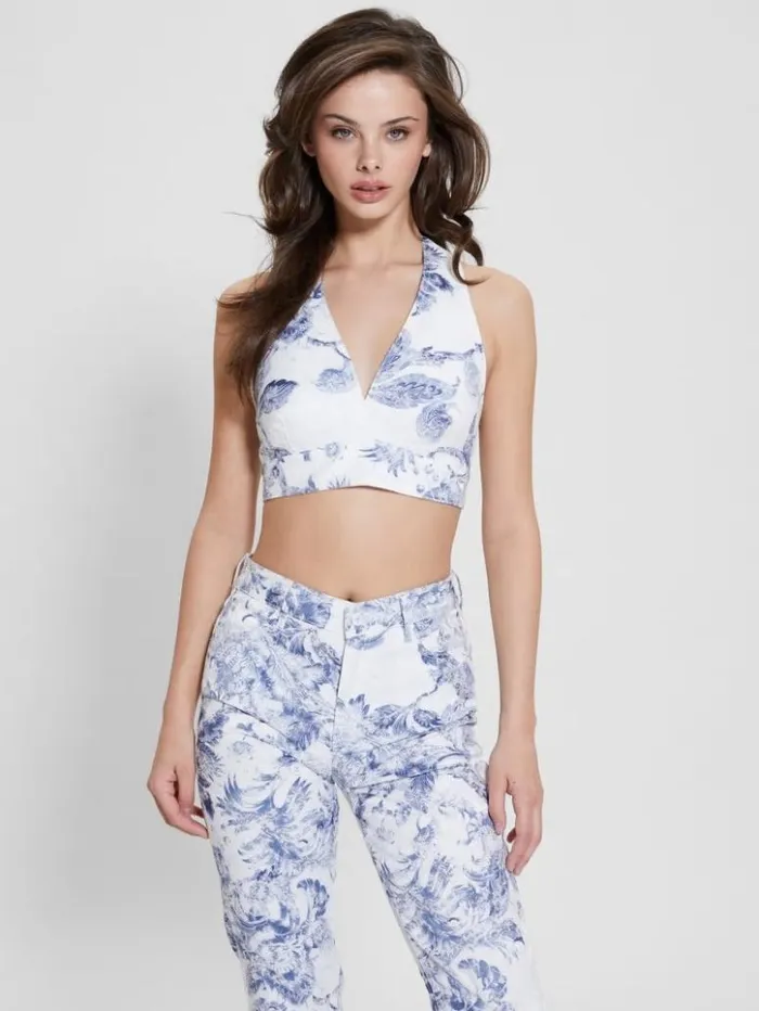 Women GUESS Jeans and Denim Thalia Floral Halter Crop Top Porcelain Flower