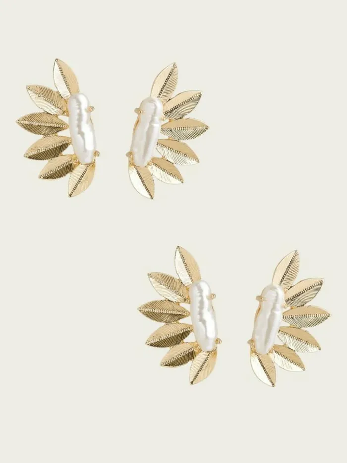 Women GUESS Jewelry 14K GoldPlated Leaf And Pear Feather Earring Silvergold