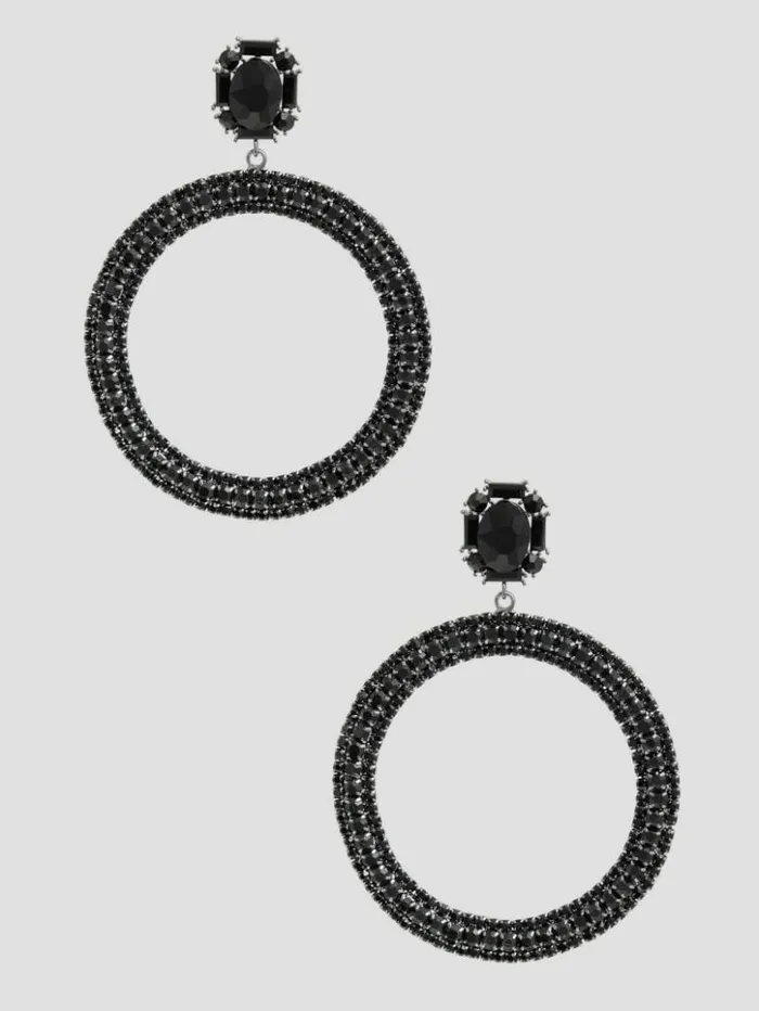 Women GUESS Jewelry Black Rhinestone Statement Hoop Earrings Black Snakeskin