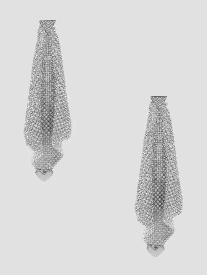 Women GUESS Jewelry SilverTone Crystal Mesh Earrings Medium Red