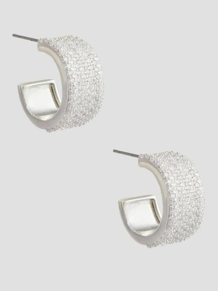 Women GUESS Jewelry SilverTone CZ Hoop Earrings Silver