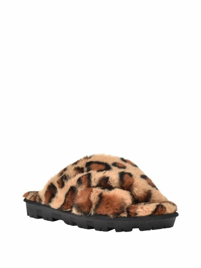 Women GUESS Sandals Crisscross Fur Slipper Brown Multi Fabric