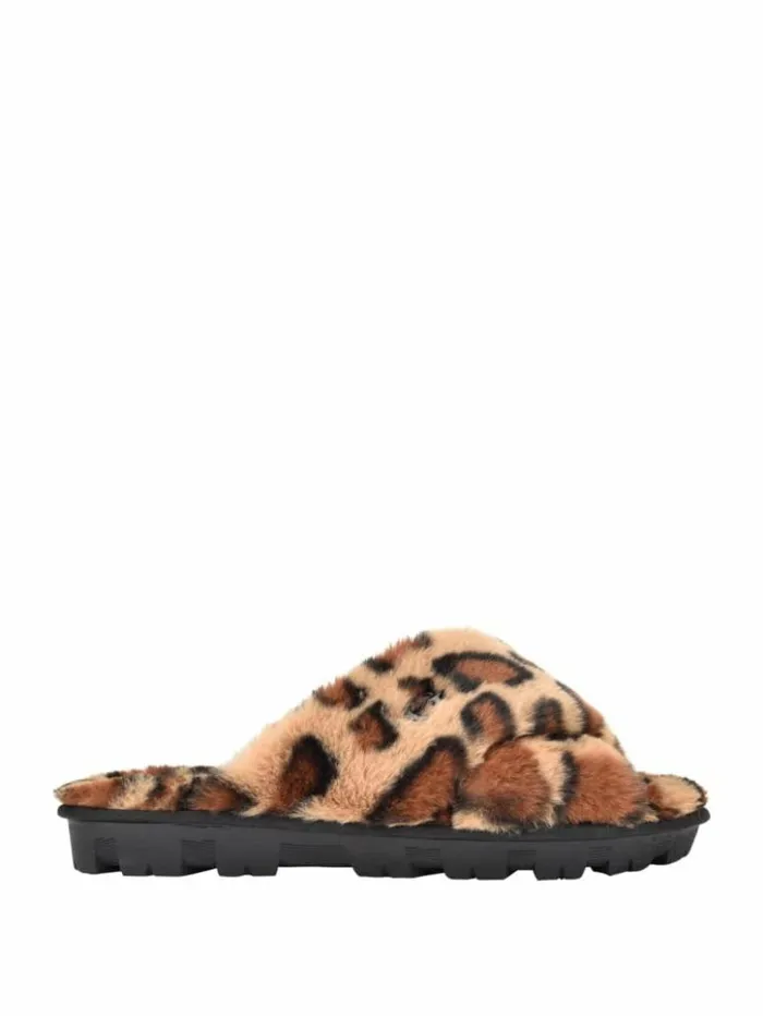 Women GUESS Sandals Crisscross Fur Slipper Brown Multi Fabric