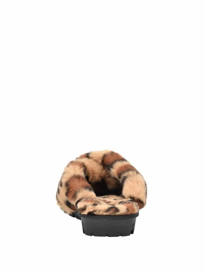 Women GUESS Sandals Crisscross Fur Slipper Brown Multi Fabric