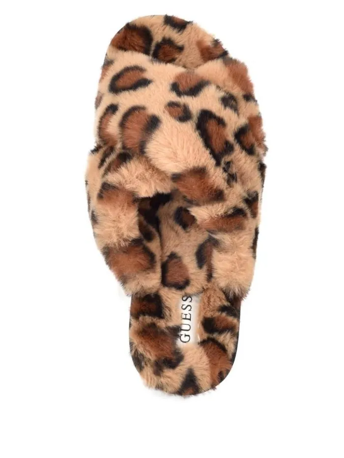 Women GUESS Sandals Crisscross Fur Slipper Brown Multi Fabric