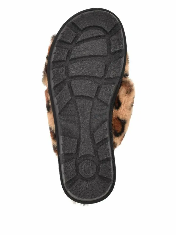 Women GUESS Sandals Crisscross Fur Slipper Brown Multi Fabric