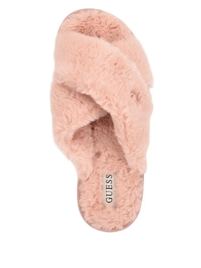 Women GUESS Sandals Crisscross Fur Slipper Pink