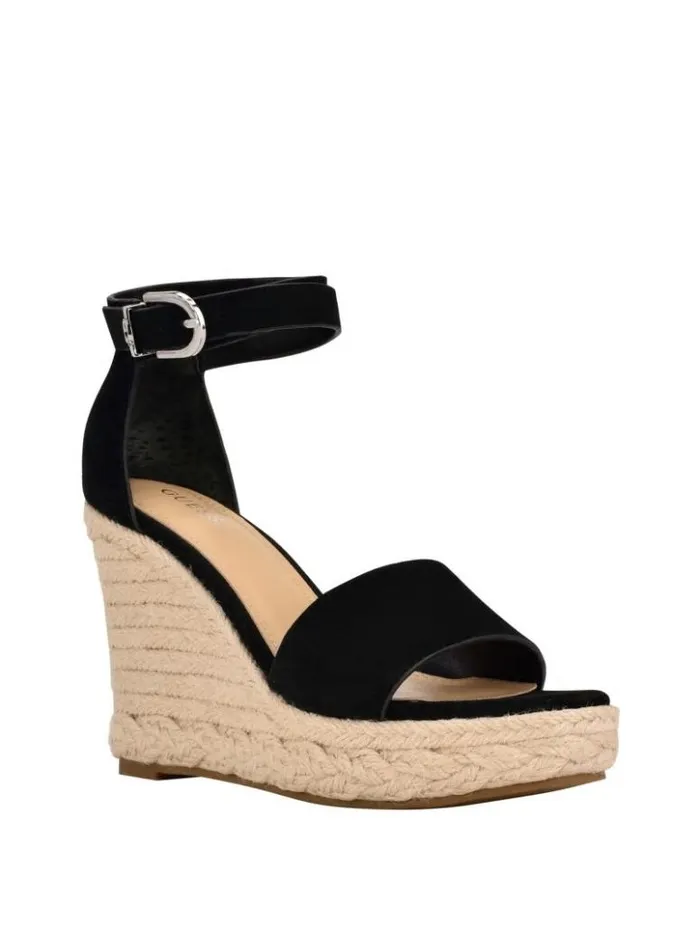 Women GUESS Sandals Hidy Suede Espadrille Wedges Black