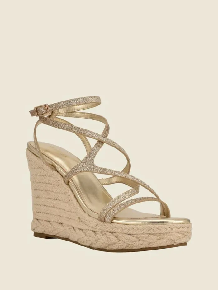 Women GUESS Sandals Hirani Strappy Espadrille Wedges Gld1 Gold