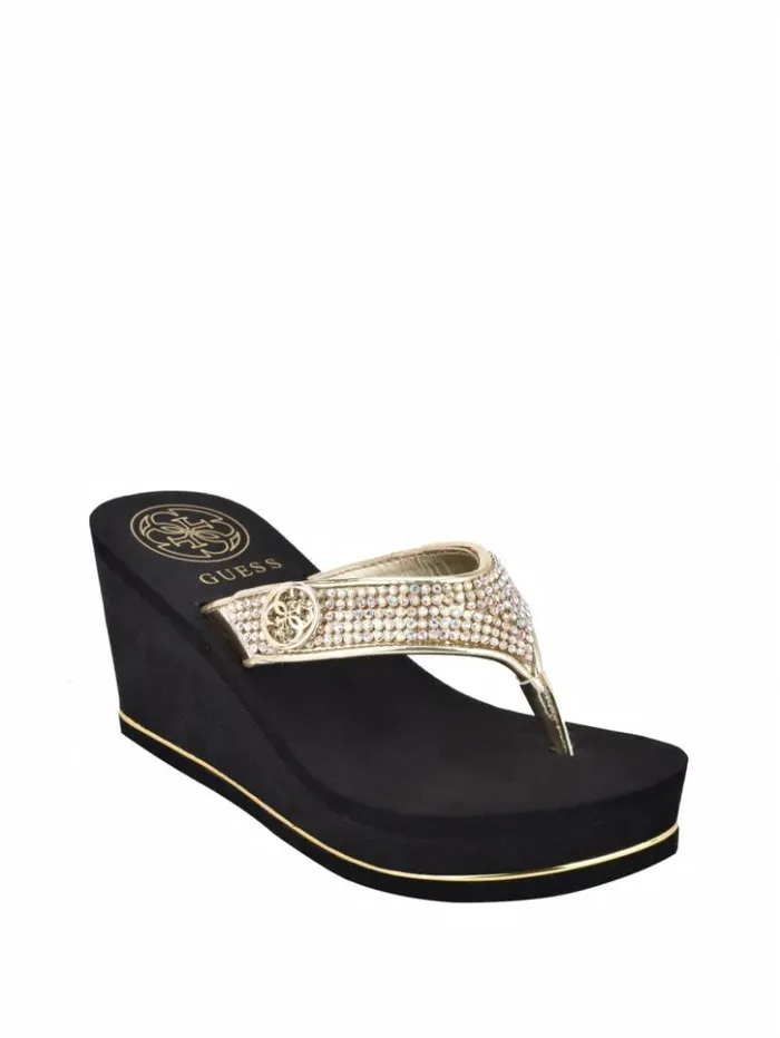 Women GUESS Sandals Sarraly Logo Wedge FlipFlops Gold Multi
