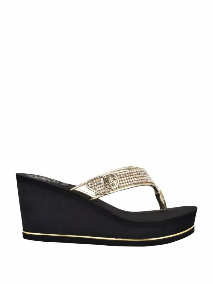 Women GUESS Sandals Sarraly Logo Wedge FlipFlops Gold Multi