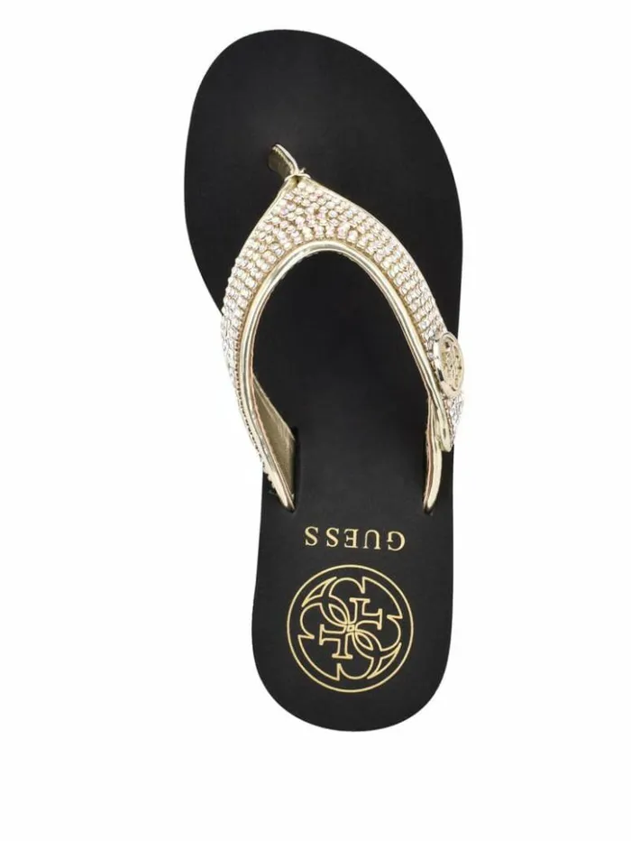Women GUESS Sandals Sarraly Logo Wedge FlipFlops Gold Multi