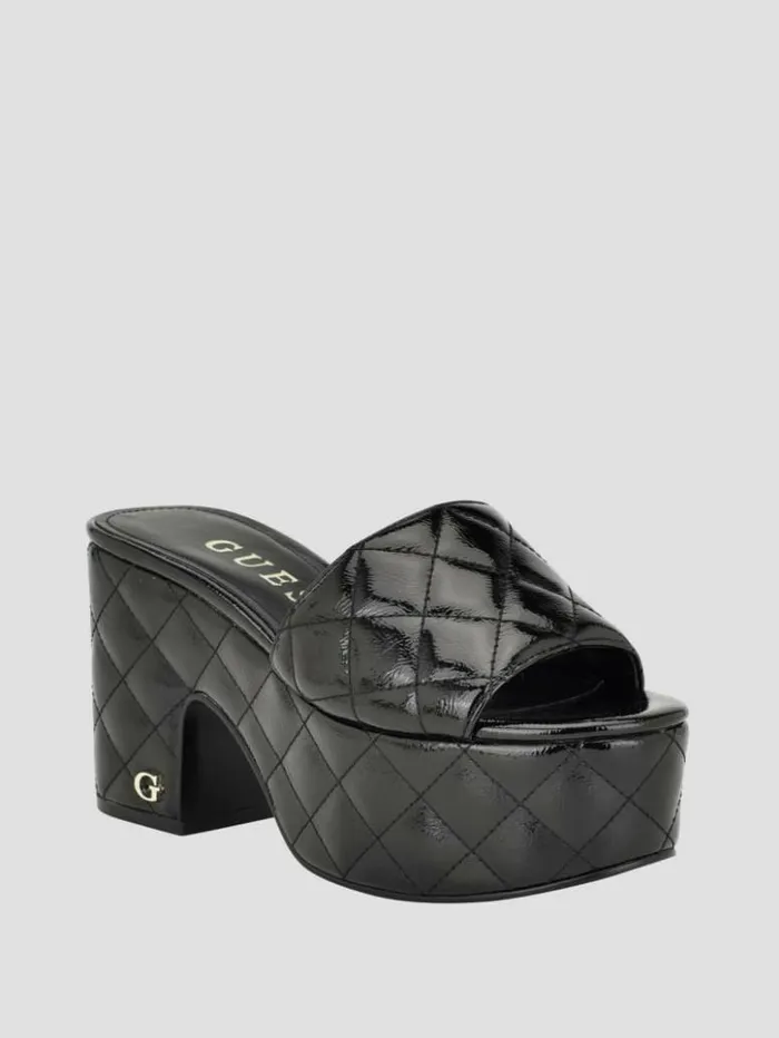 Women GUESS Sandals Yanni Quilted Platform Mules Black 002
