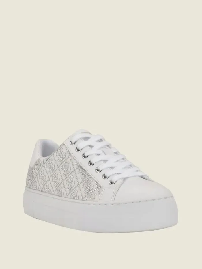 Women GUESS Sneakers Gelsen Rhinestone Logo LowTop Sneakers Silver 040