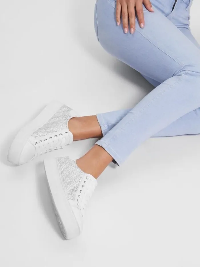 Women GUESS Sneakers Gelsen Rhinestone Logo LowTop Sneakers Silver 040