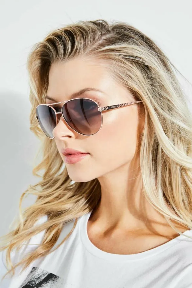 Women GUESS Sunglasses Catherine Rhinestone Aviator Sunglasses Rose Gold