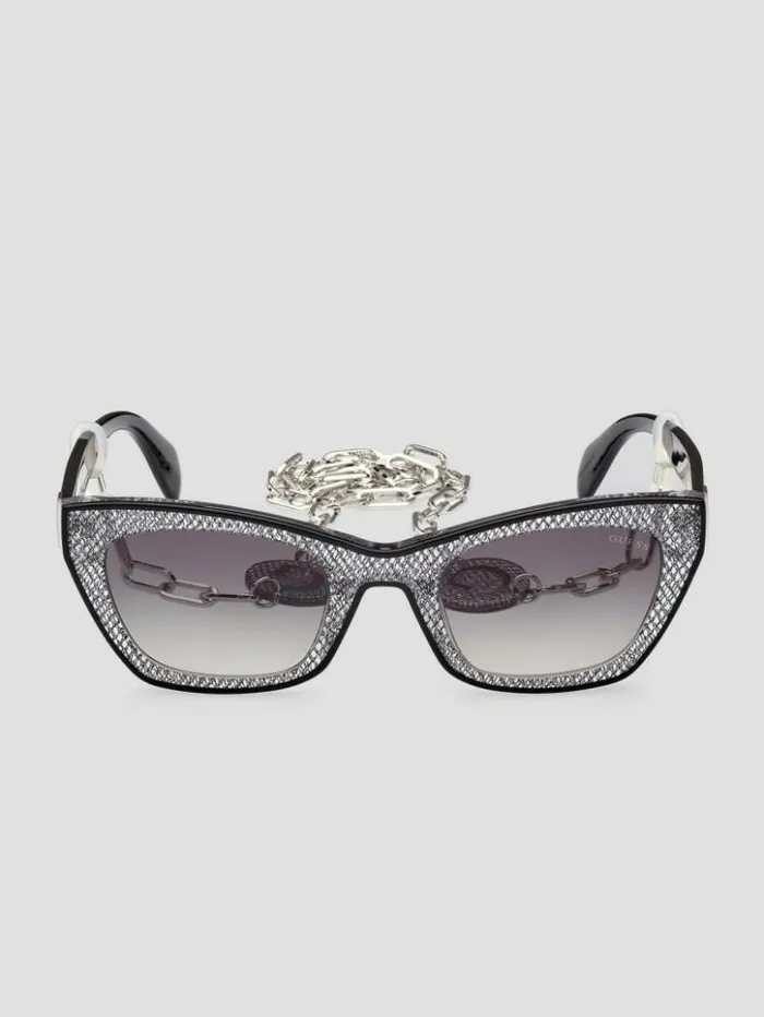 Women GUESS Sunglasses Metallic Plastic CatEye Sunglasses Silver