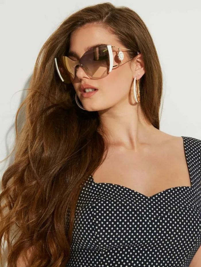 Women GUESS Sunglasses Mirrored Rimless Cateye Sunglasses White