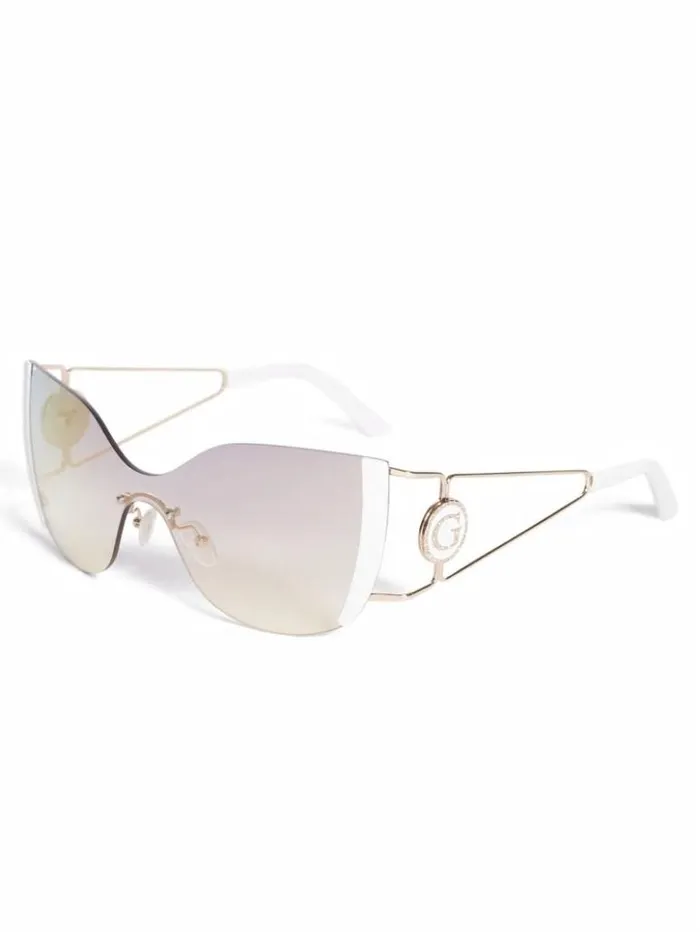 Women GUESS Sunglasses Mirrored Rimless Cateye Sunglasses White